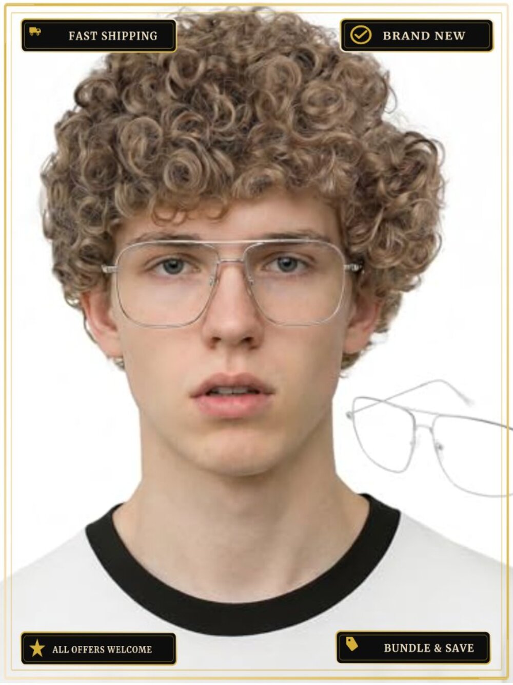 Synthetic Fiber Afro Wig with Square Frame Glasses Mens Costume Nerd Party